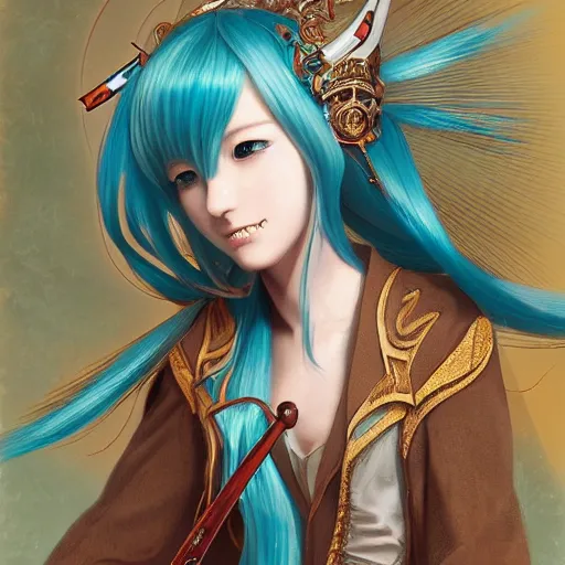 Prompt: a beautiful portrait of hatsune miku as a wizard, fantasy, intricate, elegant, highly detailed, digital painting, artstation, concept art, matte, sharp focus, illustration, art by jacque - louis david, baroque style