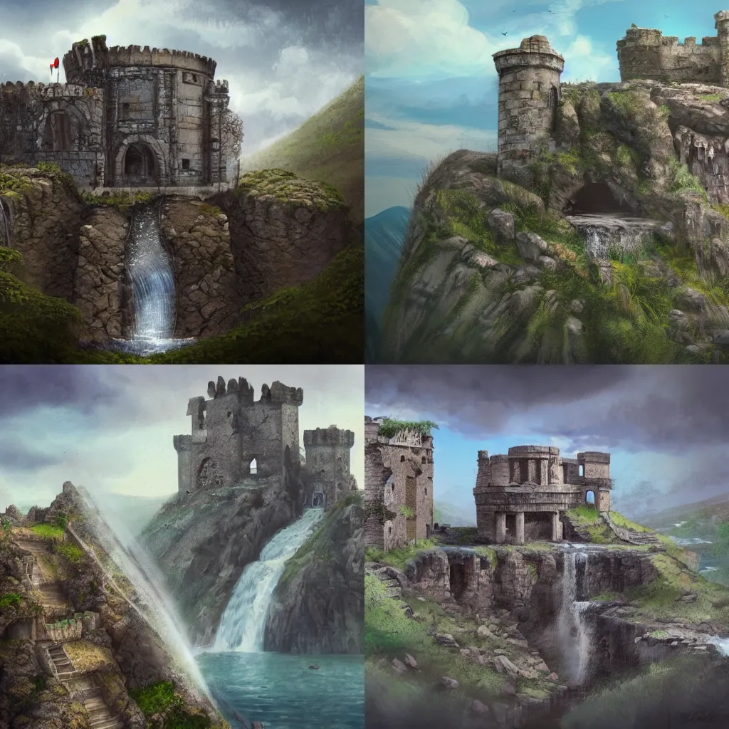 Prompt: Concept art of an abandoned ancient castle ruin on top of a mountain, waterfall flowing from the stone, cracks on the side, extremely detailed digital art, trending on ArtStation