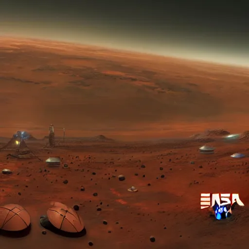 Image similar to 3 / 4 view of a portrait of nasa mars colony with a american flag logo, evangelion, scifi, hyper detailed, digital art, trending in artstation, cinematic lighting, studio quality, frostbite 3 engine rendered, art style by klimt and nixeu and ian sprigger and wlop and krenz cushart