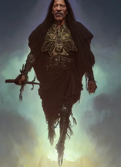 Image similar to Portrait of Danny Trejo, cloak, male, fantasy, extremely detailed, digital painting, artstation, concept art, smooth, sharp focus, illustration, stunning lighting, art by artgerm and greg rutkowski and alphonse mucha and simon stalenhag, realistic character concept, high fantasy, light atmosphere, golden ratio, cinematic lighting, hyperdetailed, high resolution, insanely detailed and intricate, artstation, Marc Simonetti, Greg Rutkowski, 8k