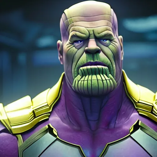 Image similar to Bryan Cranston as Thanos, HD promotional screenshot from new Avengers film, 8k ultra realistic, Marvel animation