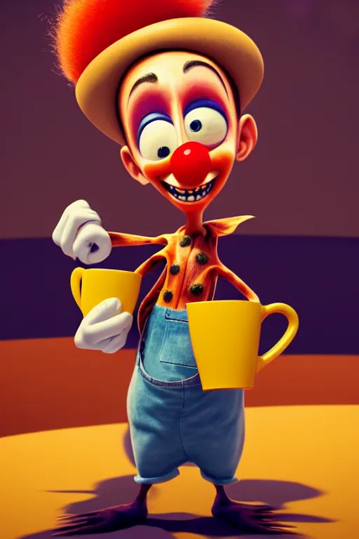 Prompt: portrait of a clown holding a cup of coffee, circus in background, full body. pixar disney 4 k 3 d render funny animation movie oscar winning trending on artstation and behance. ratatouille style.