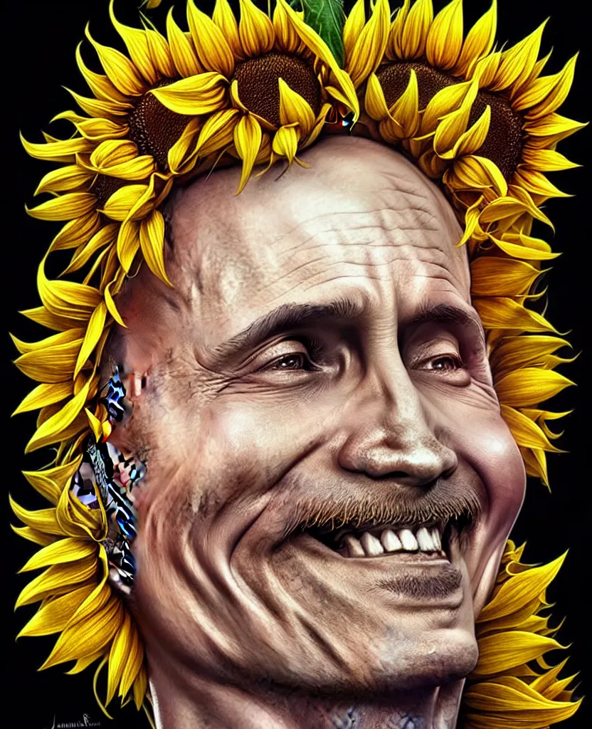 Image similar to digital art, centered full body of Putin smiling king, Sunflower crown, ,intricate, veins, by James Jean and by artgerm , by ross tran ultradetailed, charachter design, concept art, trending on artstation,