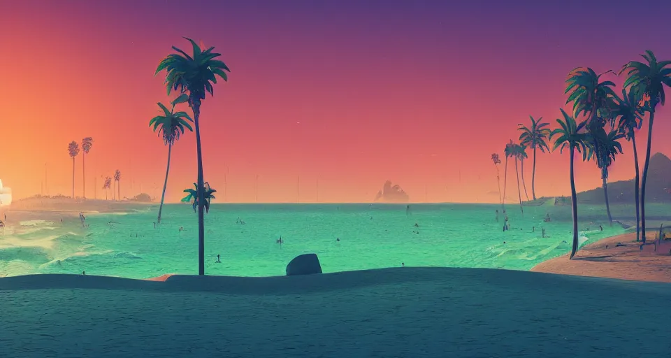 Prompt: Californian beach landscape with palmtrees and a sunset, large sunset, cinematic, synthwave style, rendered by simon stålenhag, rendered by Beeple, Makoto Shinkai, syd meade, environment concept, digital art, unreal engine, 3 point perspective, WLOP, trending on artstation, low level, 4K UHD image, octane render,