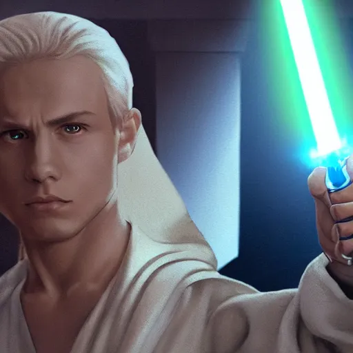 Image similar to full body Over-the-Shoulder Shot of a young blonde male jedi with short hair holding a lightsaber concept art by Doug Chiang cinematic concept art, realistic painting, high definition, digital art, matte painting, symmetrical, very detailed, realistic, dramatic lighting, cinematic, establishing shot, extremely high detail, photo realistic, cinematic lighting, post processed, concept art, artstation, matte painting, red color scheme, the Mandalorian concept art style