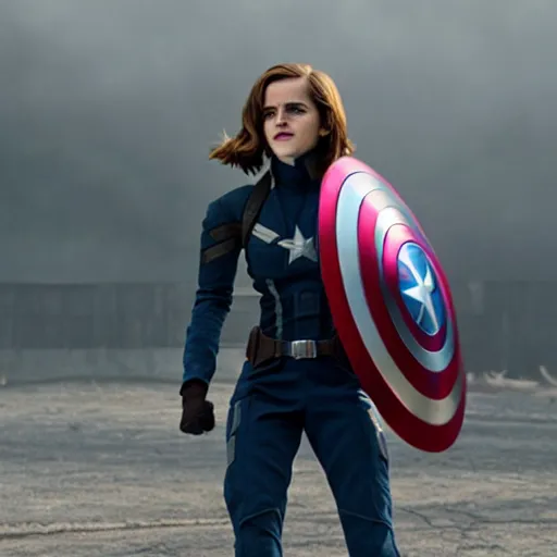 Image similar to A still of Emma Watson as captain America movie