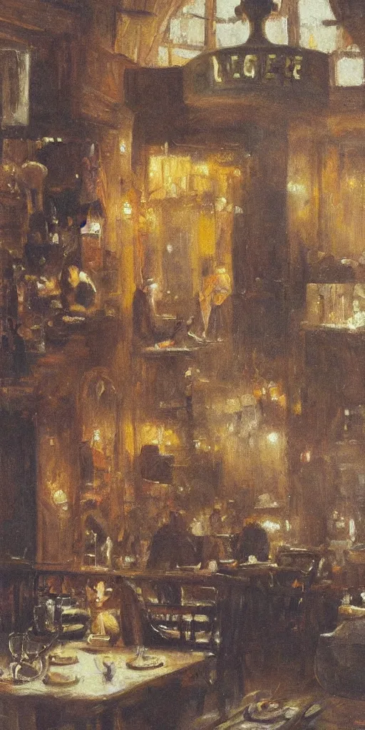 Prompt: brown cat with yellow eyes is sitting at table in a cafe at paris in early 2 0 th century. atmospheric feeling, warm colours, brown colours, yellow colours, epic scene, cinematic, very detailed, oil painting