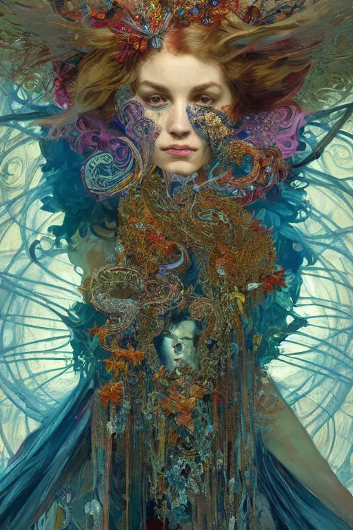 Prompt: a beautifull intricate painting of a disembodied soul wearing a feathered cloak surrounded by ornate tendrils, butterflies, fractals, flying silk, vivid colors, hyper detailed, artstation, by jeremy mann, by alphonse mucha,