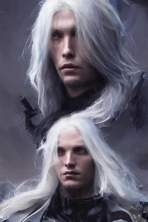 Prompt: a fancy portrait of a toned male half human half mechanical with long white hair by greg rutkowski, sung choi, mitchell mohrhauser, maciej kuciara, johnson ting, maxim verehin, peter konig, bloodborne, 8 k photorealistic, cinematic lighting, hd, high details, dramatic, dark atmosphere, trending on artstation