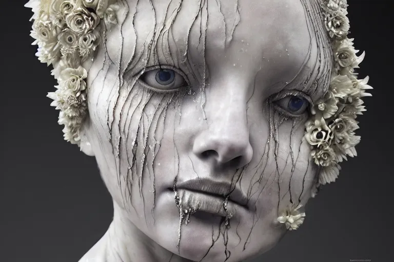 Image similar to a sculpture of a stunningly beautiful woman with flowing tears, fractal flowers on the skin, intricate, a marble sculpture by nicola samori, behance, neo - expressionism, marble sculpture, made of mist, still frame from the prometheus movie by ridley scott with cinematogrophy of christopher doyle, arri alexa, 8 k