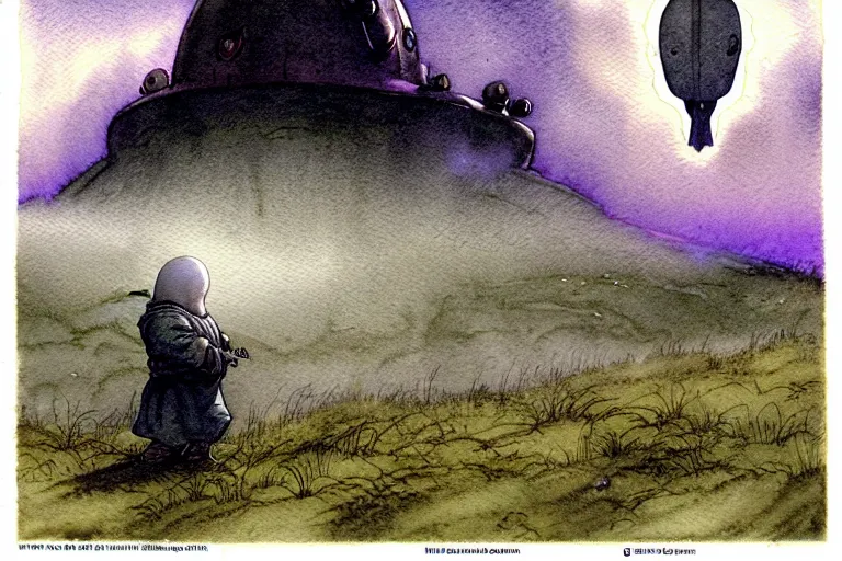 Image similar to a realistic and atmospheric watercolour fantasy character concept art portrait of a short fat chibi grey alien emerging from the mist on the moors of ireland at night. a ufo is in the sky. by rebecca guay, michael kaluta, charles vess and jean moebius giraud