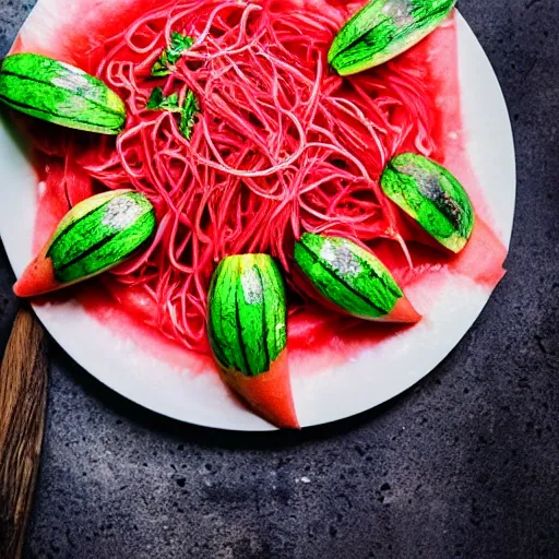 Prompt: close up high resolution photo of a watermelon spaghetti, very tasty, food photography, instagram, ultra detailed, trending