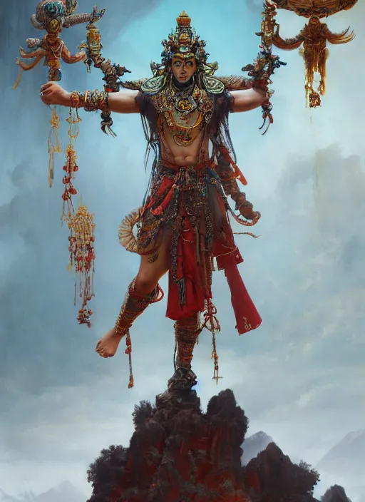 Image similar to Gigantic Deity with 8 arms and aztec accessories and translucent amulets, extremly detailed oil painting, in the style of Fenghua Zhong and Ruan Jia and Jeremy Lipking, rim light, beautiful lighting, mystic, 8k, stunning scene, raytracing, octane, trending on artstation