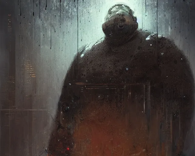 Image similar to portrait of a fat man sci fi soldier ranger, brutalist city architecture, dark epic, cables and wires, high details, ceremonial clouds, dripping paint, fibonacci rhythm, artstation, art germ, wlop, karol bak, christopher balaskas, sabbas apterus, award - winning, artstation