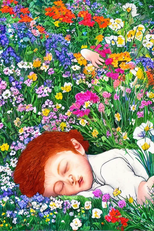 Image similar to a little boy with ginger hair curled up asleep in a lovely garden of flowers. clean elegant pretty cartoon painting, beautiful detailed face, storybook illustration.