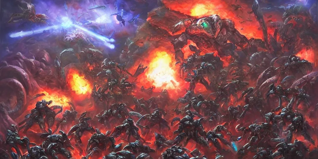 Image similar to zerglings killing the terran soldiers, set in the starcraft universe, in an epic and bloody battle, beautiful painting