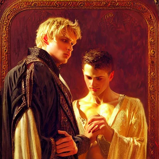 Prompt: attractive, arthur pendragon in love with attractive male, merlin the mage. highly detailed painting by gaston bussiere, craig mullins, j. c. leyendecker