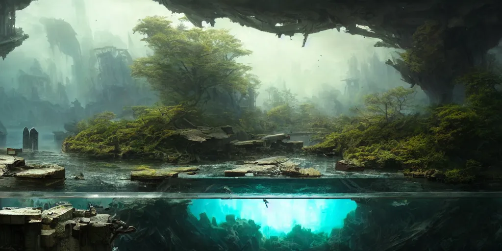 Image similar to a transparant aquarium on a table, inside a beautiful landscape, outside a destroyed city, digital art, fantasy art, octane render, ureal engine, high detail, very realistic, by greg rutkowski. by james gurney