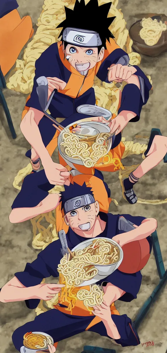 Image similar to naruto eating ramen on a basketball court, anime art