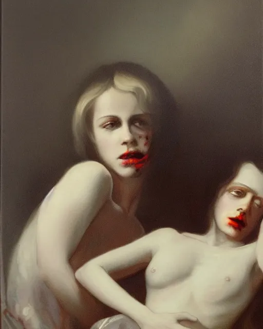 Prompt: a beautiful and eerie baroque painting of a brother and sister who are beautiful but creepy, wearing pale linen, with haunted eyes and dark hair, 1 9 7 0 s, seventies, wallpaper, a little blood, morning light showing injuries, delicate embellishments, painterly, offset printing technique, by brom, robert henri, walter popp