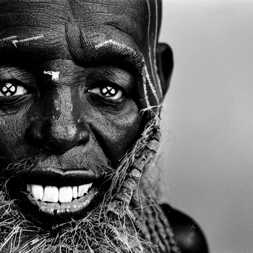 Image similar to black and white photo, portrait of Congolese voodoo master by sebastiao salgado, realistic, Leica, medium format, cinematic lighting, parallax, high resolution,