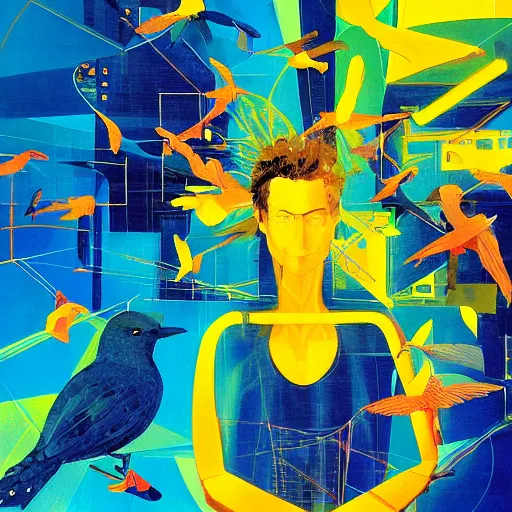 Prompt: a joyful golden blue hacker surrounded by birds, neon virtual networks, and information visualization, oil on canvas inspired by dave mckean and yoji shinkawa