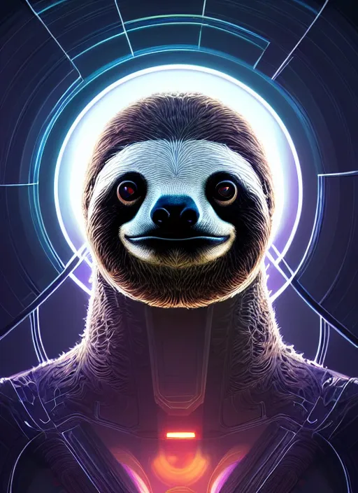 Image similar to symmetry!! portrait of a sloth, sci - fi, tech wear, glowing lights!! intricate, elegant, highly detailed, digital painting, artstation, concept art, smooth, sharp focus, illustration, art by artgerm and greg rutkowski and alphonse mucha