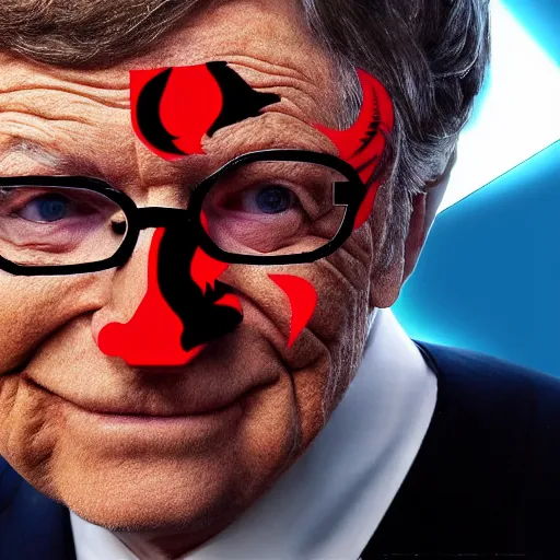 Image similar to a demon wearing a mask with the face of bill gates.