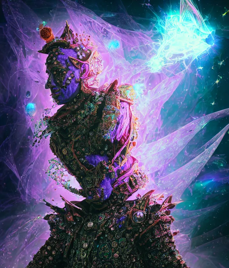 Image similar to impressive spectacular front!! shot photo of a court jester character fine portrait fine portrait mesmerizing fractal hyper cubes platinum cracked dark future hyper dimensional space galactic crystal nebula edges elegant detailed intricate concept artstation sharp focus ray tracing cinematic masterpiece temporal corruption beeple wlop germ 8 4 k scifi glossy hyper realistic illustration canon eos r 3 fujifilm x - t 3 0 sony alpha a 6 6 0 0