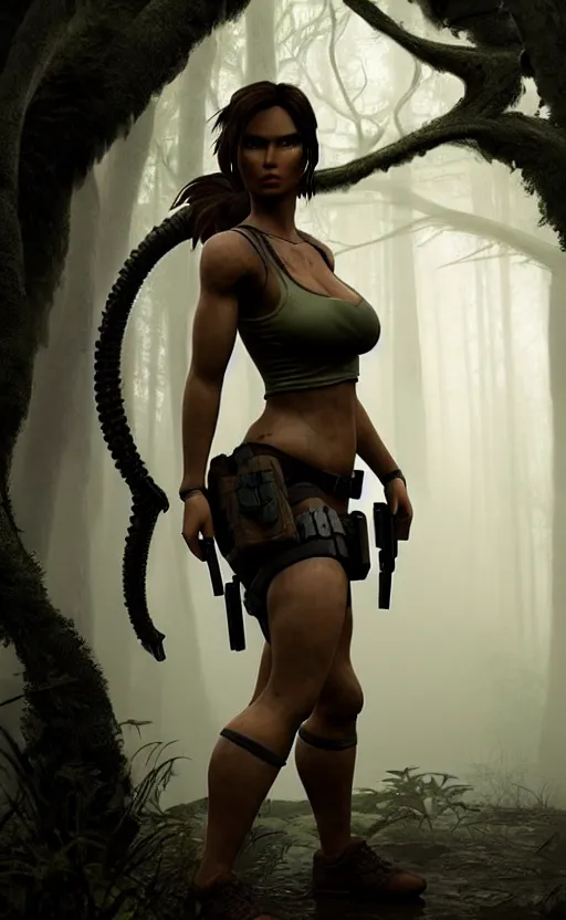 Prompt: lara croft thicc, big bust, 150 mm, foggy forest, fine lace, elegant, highly detailed, nature, elegant, ambient light, octane render in the style of H.R. Giger and Man Ray