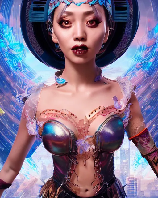 Prompt: An epic fantasy comic book style full body portrait painting of a very beautiful cyberpunk Hula Dancer, character design by Mark Ryden and Pixar and Hayao Miyazaki, unreal 5, DAZ, hyperrealistic, octane render, cosplay, RPG portrait, dynamic lighting, intricate detail, cinematic