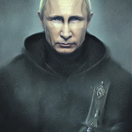 Image similar to portrait of Putin in a black cloak, glowing eyes, detailed face, highly detailed, cinematic lighting, digital art painting by greg rutkowski.