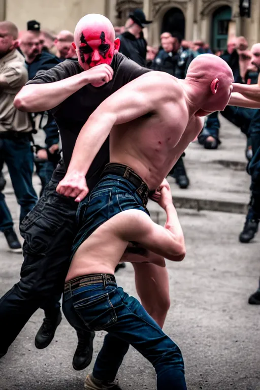 Image similar to nazi skinhead fight with antifa, high resolution, photorealistic, smooth, 4 k, aesthetic lighting, baroque object, sharp focus, hyperdetailed object, professional photography, pullitzer winning, 8 0 0 photo by : canon eos 5 d mark iv, by karah mew and adnan abidi and jodie bateman