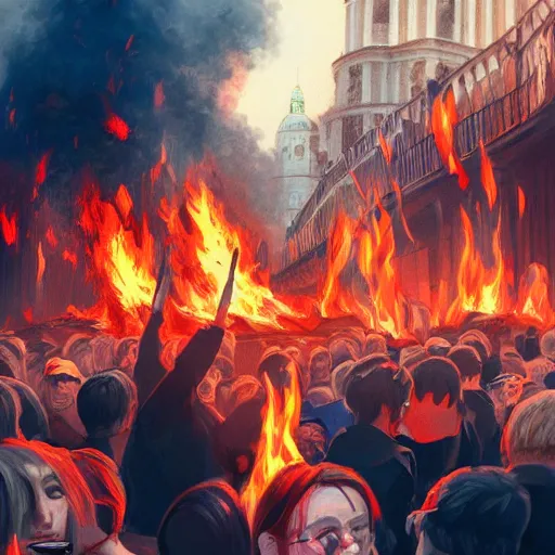 Image similar to people violently protest in London, burning buildings, Brexit flag in flames, 2d, ultra highly detailed, digital painting, smooth, sharp focus, artstation, pixiv, art by Ilya Kuvshinov