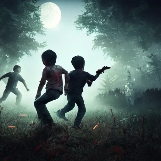 Prompt: two boys are escaping from the horde of zombies, volumetric lighting, moon light, hyperrealistic, beautiful details, HDR, octane render, action shot, wide angle, horror theme, cinematic,