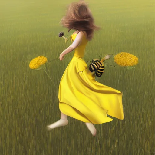 Prompt: a girl in a yellow dress riding a giant bee in the field, trending on artstation