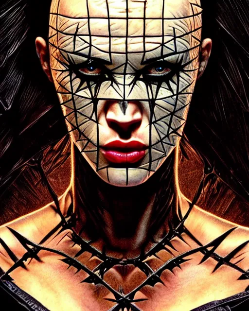 Prompt: portrait of megan fox as pinhead, bald, hellraiser, xenobite, lament configuration, hell, intricate, headshot, highly detailed, digital painting, artstation, concept art, sharp focus, cinematic lighting, illustration, art by artgerm and greg rutkowski, alphonse mucha, cgsociety