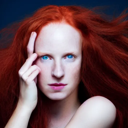 Image similar to artistic photo of a young beautiful woman, looking at the camera, long flowing red hair, greyish blue eyes, slight cute smile, mouth slightly open, studio lighting, award winning photo by Annie Liebowitz