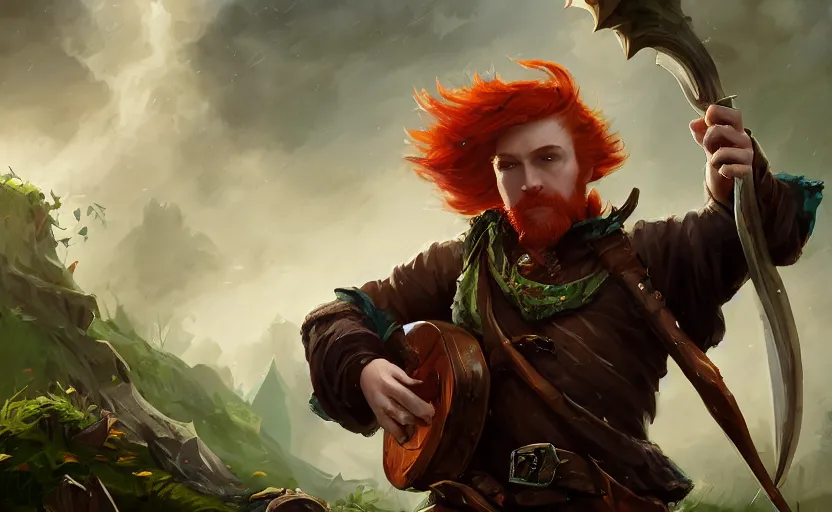 Prompt: amazing masterclass portrait of a male redhead bard, green clothes, wooden lute, hearthstone splash art, deiv calviz, splash art, natural light, elegant, intricate, fantasy, atmospheric lighting, by greg rutkowski, hearthstone splash art, hd wallpaper, ultra high details, cinematic composition, professional master piece made in one year