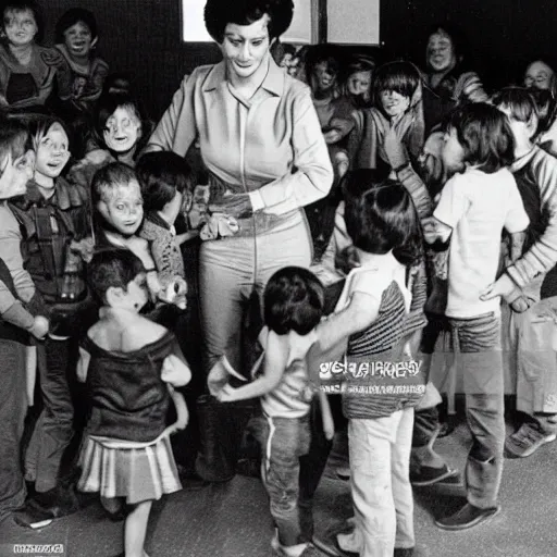 Prompt: an alien leads a round dance with children in a kindergarten of the soviet union, top secret style, old photo, 7 0 s