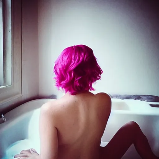 Image similar to “a woman called Berry with pink hair, taking a bubble bath”