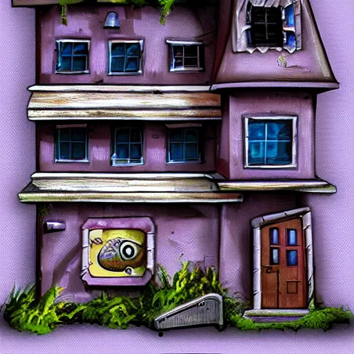 Prompt: quaint colourful nail house wedged between a two tall Gray concrete buildings, whimsical, artstation