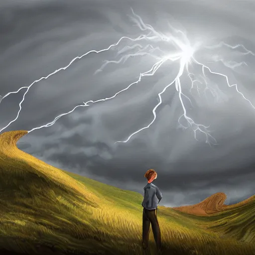 Image similar to a regretful man on a hill and storm is coming, digital painting, futured, ultra detailed