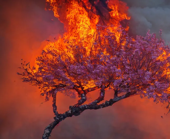 Image similar to 4 k hd, high detail photograph of blossoming tree surrounded by fire, shot with sigma f / 4. 2, 2 5 0 mm sharp lens, wide shot, consistent, volumetric lighting, high level texture render