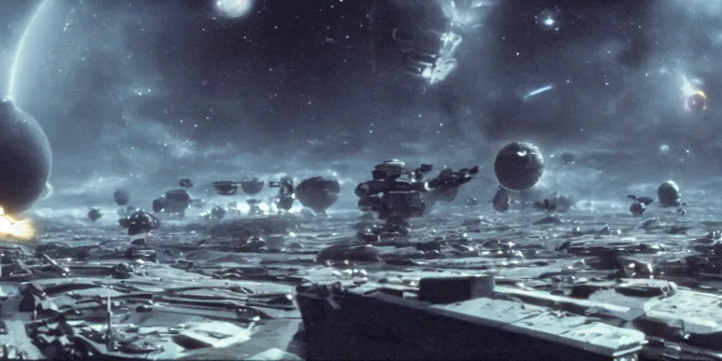 Image similar to a still from a film of a live action sci-fi battle taking place over a giant space structure far in the distance, 35mm, directed by Steven Spielberg, miniatures, ILM, very cohesive