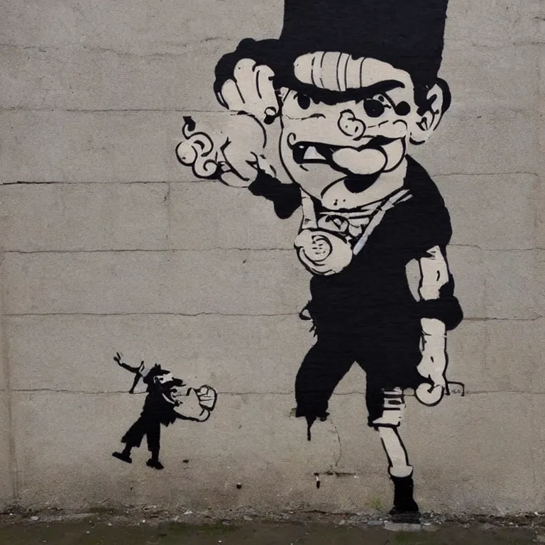 Image similar to Street-art portrait of Popeye the Sailor in style Banksy, photorealism