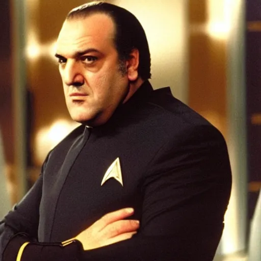 Image similar to tony soprano in a Star trek deep space nine uniform commanding the use defiant