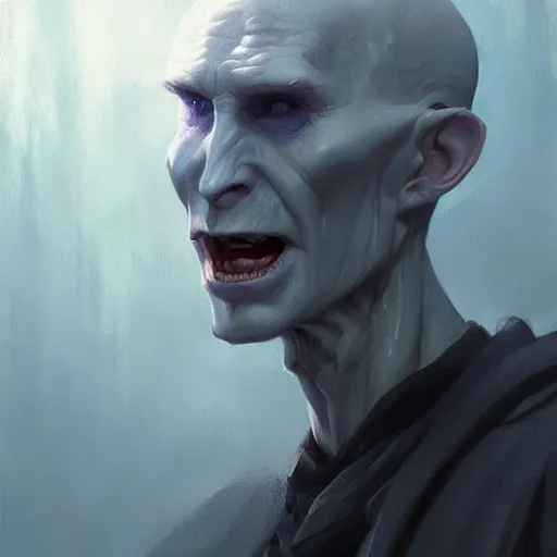 Prompt: a wizard young bald with no beard with blue skin with the nose of Voldemort, casting a powerful spell, painted by Greg Rutkowski, trending on ArtStation