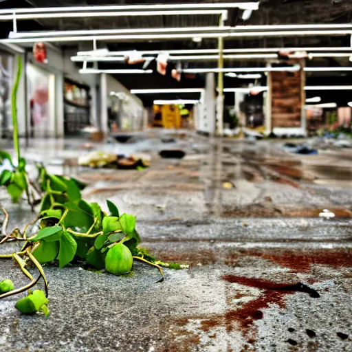 Image similar to a ransacked grocery store, broken signs, filthy flooring. Vines growing. Jpeg artifacts. Award-winning photo. Sigma 40mm f/1.4 DG HSM