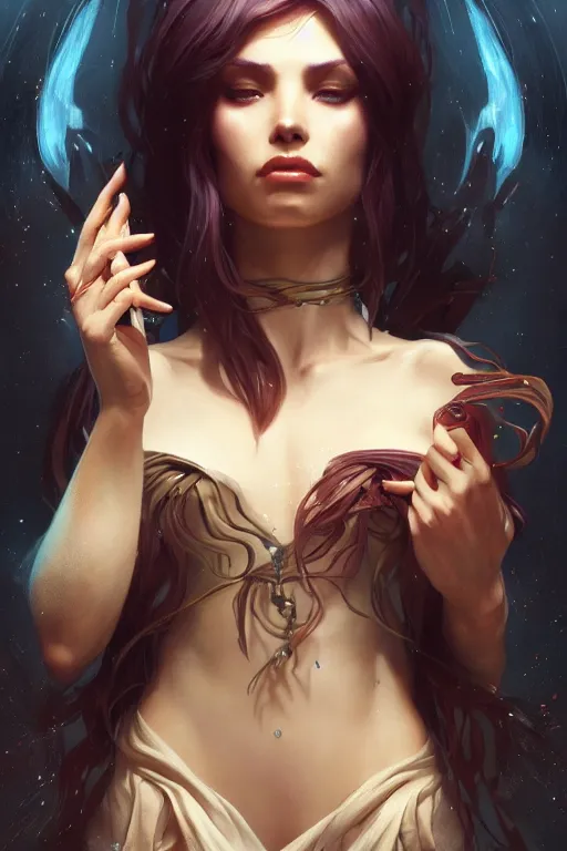 Image similar to beautiful sorceress, accurate anatomy, only two hands, highly detailed, digital painting, artstation, concept art, smooth, sharp focus, illustration, Unreal Engine 5, 8K, art by sakimichan and greg rutkowski and alphonse Mucha